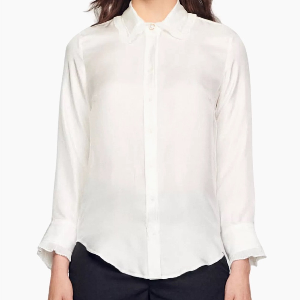 Euc SANDRO SILK SHIRT WITH RUFFLE BECK AMD CUFFS - PEARL AND GOLD TOP BUTTON